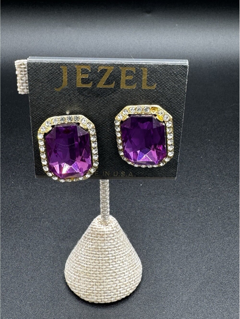 JEZEL Purple Crystal Stud Earrings Gold Tone Rhinestone Statement Vintage NWT